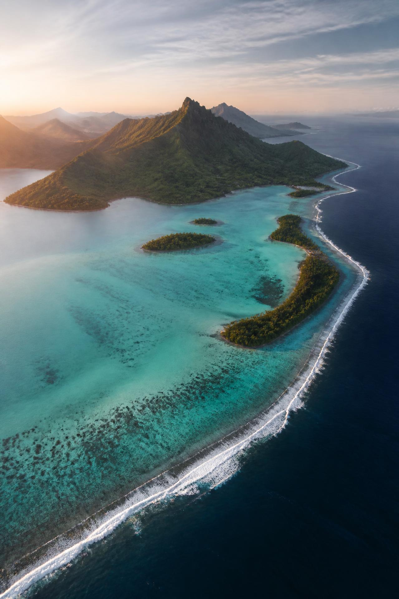 Aerial view of a tropical island lagoon at first light